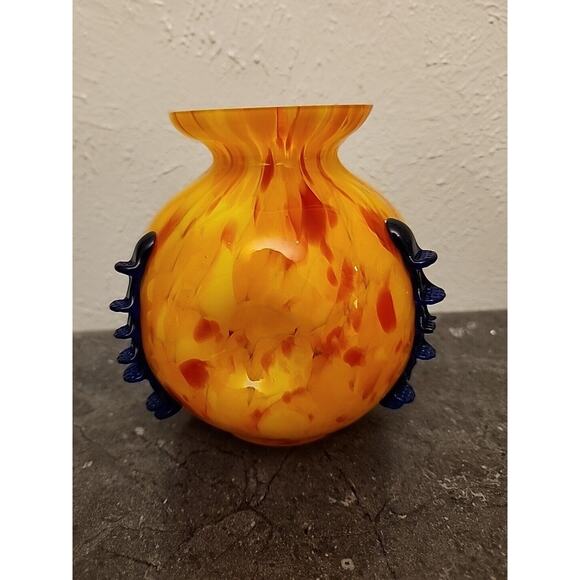 Kralik Art Glass ORANGE Yellow Black Tooled Rigaree SIGNED Made in Cz Chips - Picture 5 of 14